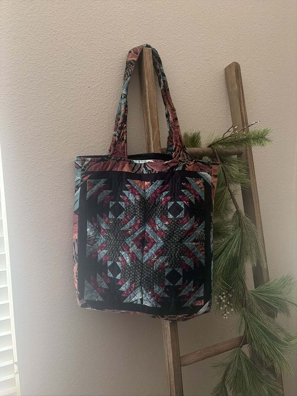 Geometric Patchwork Quilted Tote Bag with Floral and Abstract Print 16 x 16